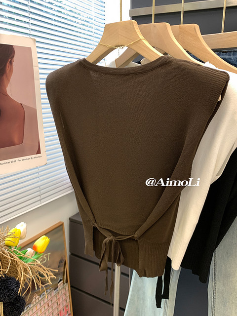 Summer Ice Silk Thin Flying Sleeve Knitwear Women's Design Waistless Lace-Up T-Shirt Slimming Look Short Sleeveless Top