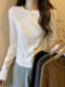Spring and Autumn White Irregular Pure Cotton Long-Sleeve T-Shirt for Women, Designer Niche Inner Wear, Short Top with Regular Shoulders
