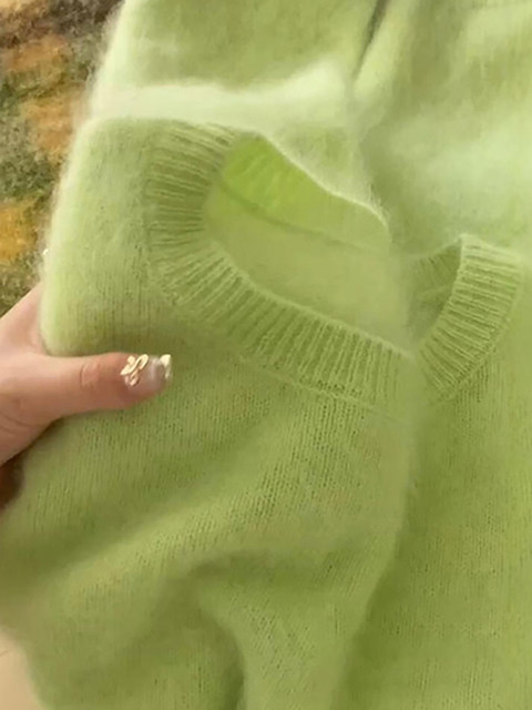 Lazy Style Green Mohair Round Neck Sweater for Women, Autumn and Winter Soft and Loose Knitwear with a High-End Feel, Outerwear Top
