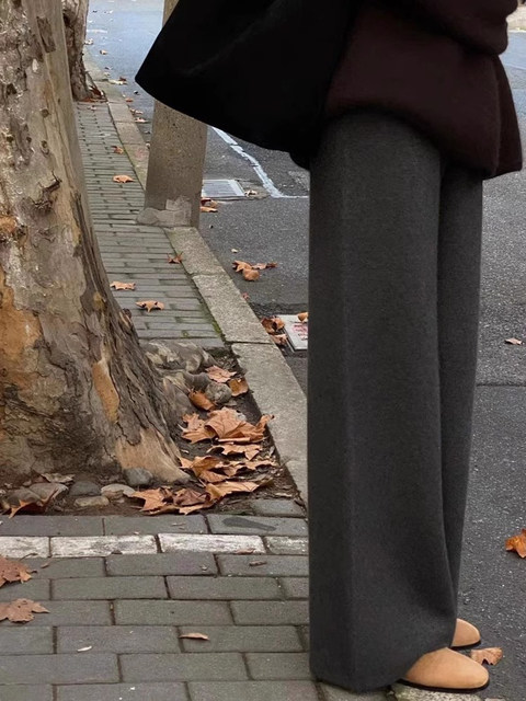 Autumn and Winter Drapey Gray Slim-Fit Knit Wide-Leg Pants for Women, Winter Petite Floor-Length Straight Pants, High-Waisted Loose Long Pants