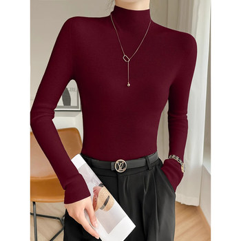 Angora Red Half-High Collar Wool Knit Sweater for Women, Autumn and Winter French Style, High-End Inner Wear Sweater, Elegant Tight-Fitting Top
