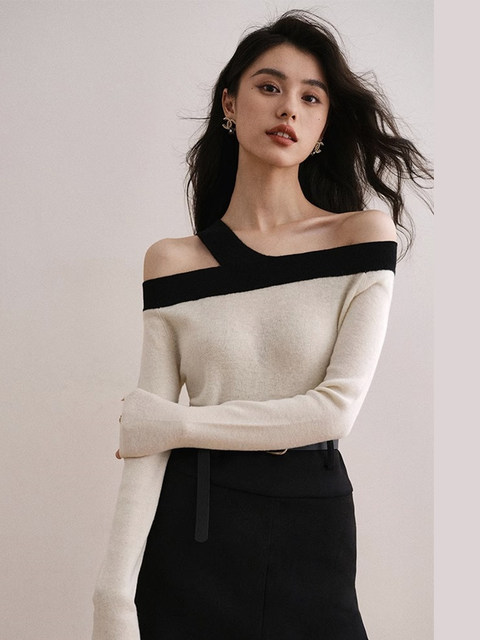 Autumn and Winter French-Style Off-Shoulder Color-Block Wool Knit Sweater for Women, High-End Base Sweater, Halter Neck, Off-Shoulder, Elegant Top