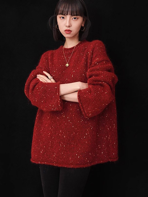 Autumn and Winter Retro Japanese-Style Loose and Casual Knitwear New Year Red Women's Clothing Christmas Red Outerwear Sweater Thickened Top