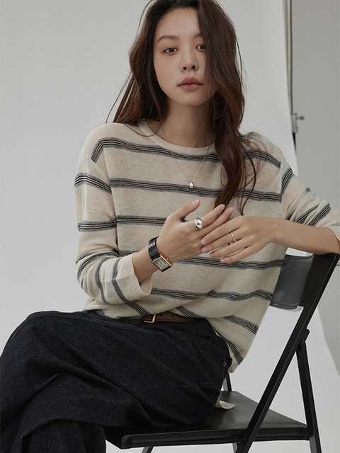French-Style Round-Neck Striped Color-Block Knit Sweater for Women, Spring and Autumn Vintage Lazy Loose-Fitting Base Sweater, Thin Inner Layer Top