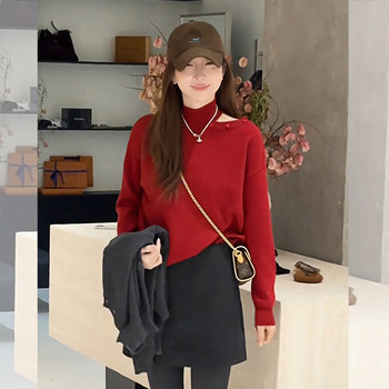 Korean-Style Red Half-High Collar Hollow-Out Knit Base Shirt for Women, Autumn and Winter Design, Off-Shoulder Sweater, Loose Top