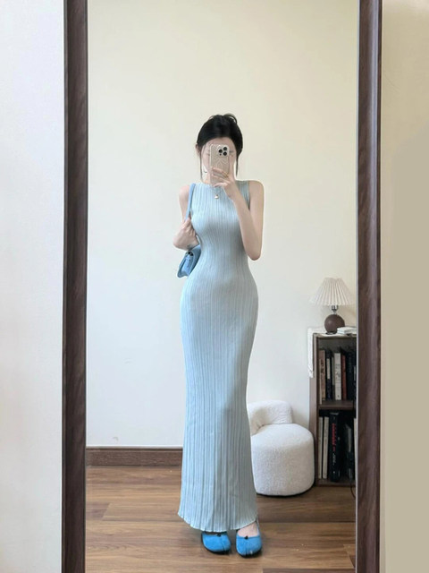 Pure lustful temperament, waist-cinching knitted dress, women's summer gentle and high-end hip-hugging skirt, sleeveless vest long skirt