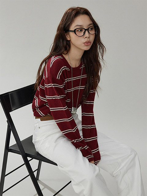 French-Style Round-Neck Striped Color-Block Knit Sweater for Women, Spring and Autumn Vintage Lazy Loose-Fitting Base Sweater, Thin Inner Layer Top