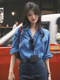 Hong Kong Style Retro Blue Long-Sleeved Shirt for Women, Spring and Autumn, High-End Polo Collar Shirt, Loose and Elegant Casual Top