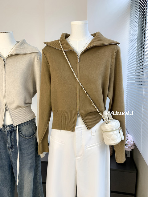Autumn and Winter Lapel Double-Zip Short Stylish Thick Sweater for Women, Korean Style High-End Knitwear, Vintage Outerwear Top