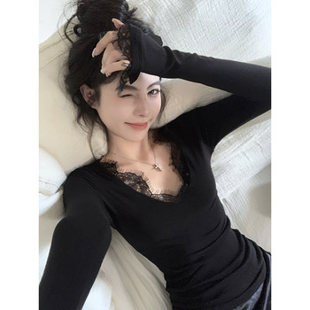 Autumn and Winter Pure Black V-Neck Long-Sleeve T-Shirt for Women with Lace Trim, Slim-Fit Base Shirt, Sexy Tight-Fitting Inner Top