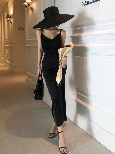 French-Style Red Swing-Neck Slit Slip Dress for Women, Summer High-End Acetate Satin Elegant Slimming Long Dress