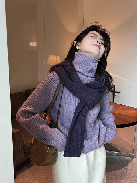 Purple Turtleneck Cashmere Knit Sweater for Women, Autumn and Winter Korean Style, Lazy and Loose, Inner Layer Sweater, Warm and Thick, Outerwear Top