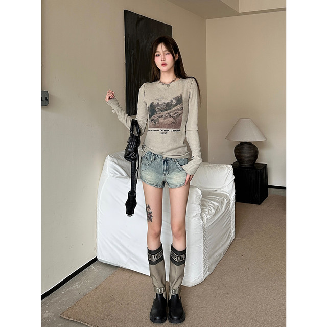 KTDA American retro hot girl ranch print versatility long-sleeved T-shirt for women 2023 autumn new bottoming top for women