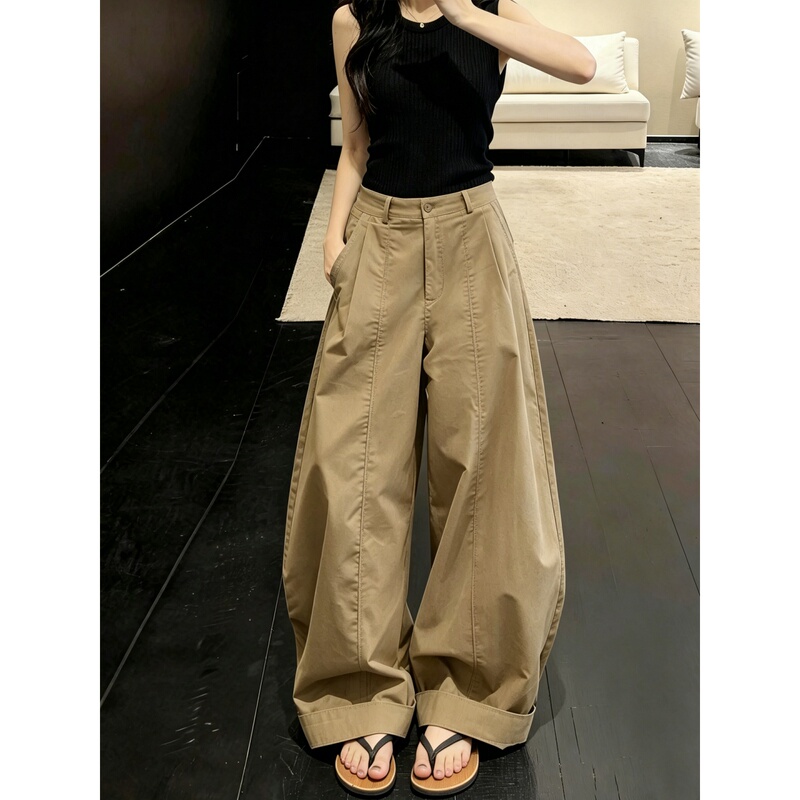 High-Waisted Khaki Workwear Wide-Leg Pants for Tall Women, Summer New Style, Loose Fit, Slimming, Casual Pants