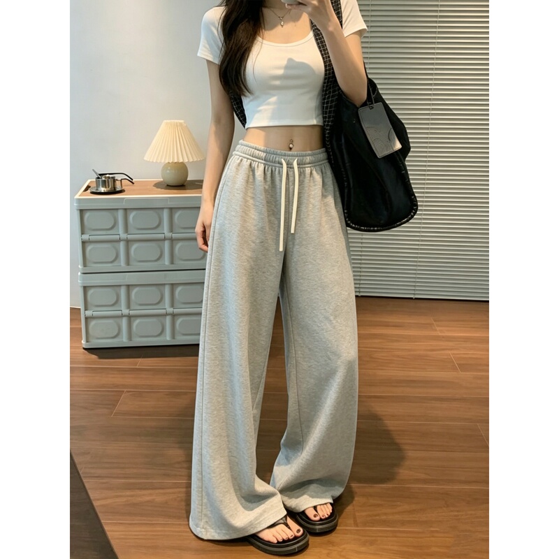 Gray Elastic Waist Casual Sports Pants for Women, Summer 2026 New Style, Loose Fit, Slimming, Drapey Straight-Leg Pants, Floor-Length Sweatpants