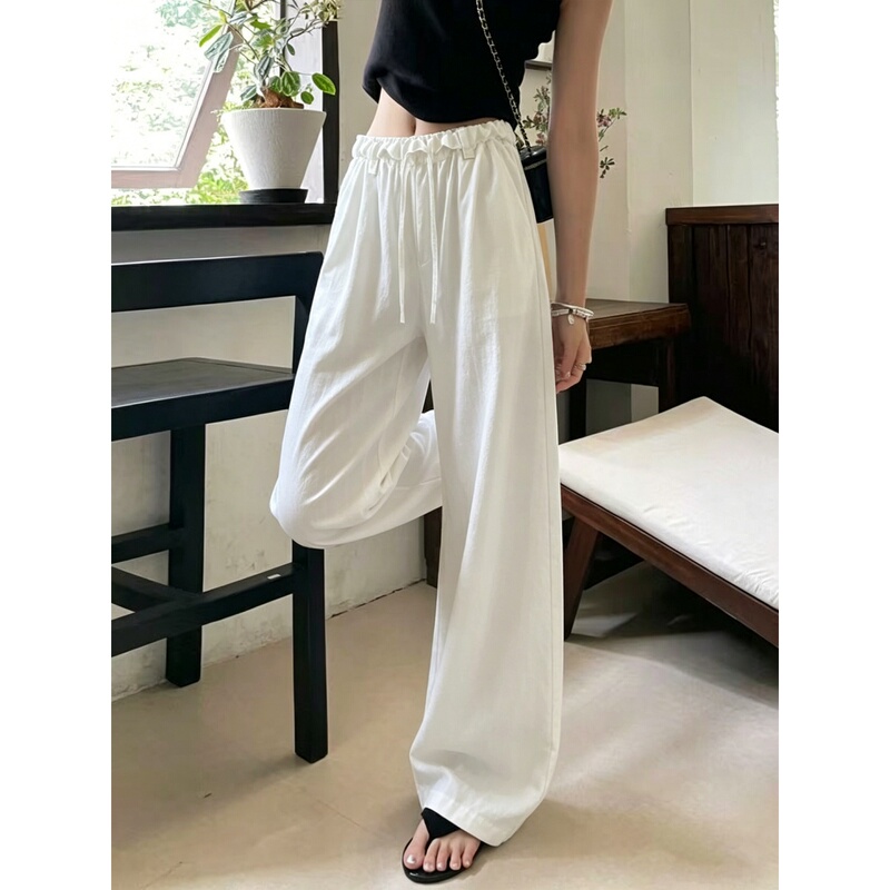 White Lace-Trimmed Waist Casual Wide-Leg Pants for Women, Summer New Style, Extra-Long for Tall Individuals, Relaxed Straight-Cut Thin Pants, Curved Hem