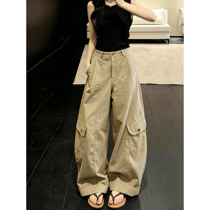 High-Waisted Workwear-Style Khaki Wide-Leg Pants for Tall Women, New Summer Loose Pocketed Floor-Length Straight Pants