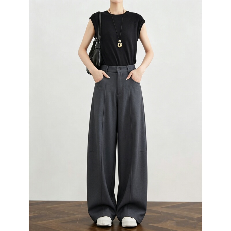 Gray Old Money Style High-Waisted Wide-Leg Pants for Women, 2026 Summer New Style, Extra-Long Loose Casual Curved Pants for Tall Women