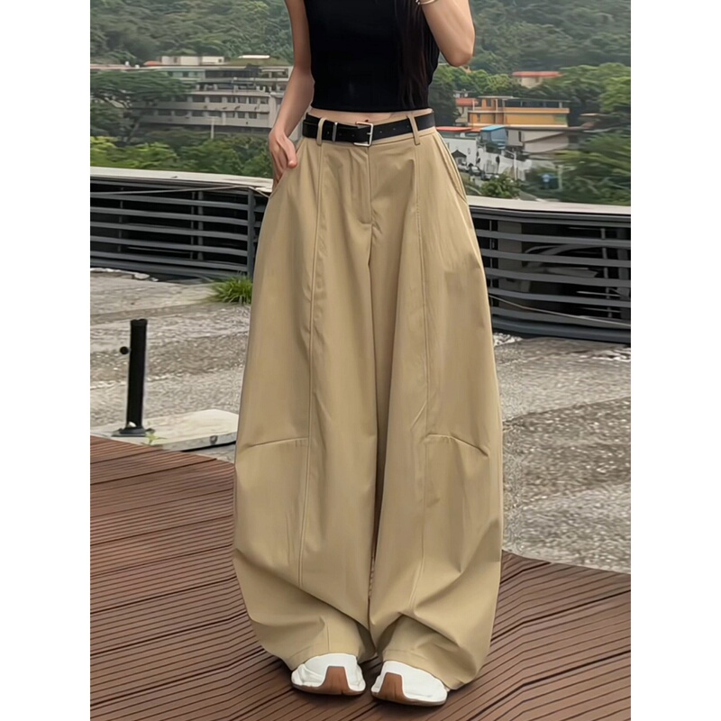 High-Waisted Khaki Casual Wide-Leg Pants for Tall Women, Summer New Style, Relaxed Fit, Slimming, Floor-Length, Curved Pants