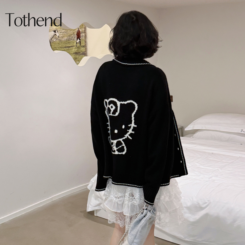 Tothend'K Door Eternal' 50% Wool College Style Age-Reducing Kitty Cat Black Soft Knitted Cardigan Sweater