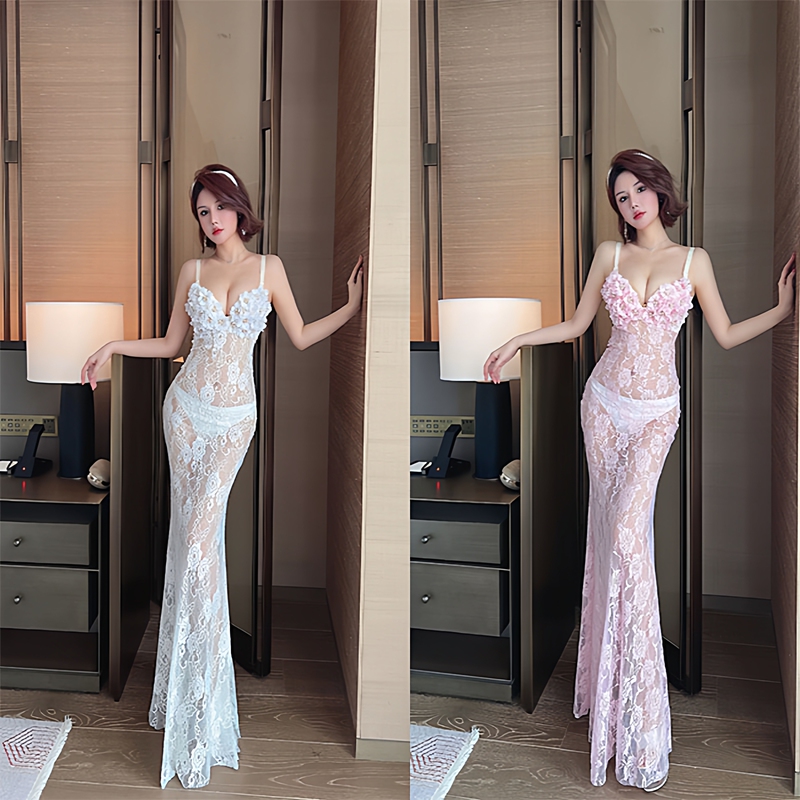 New See-Through Pink High-End Lace Suspender Long Dress Nightclub Women's Low-Cut Push-Up Sexy Dress