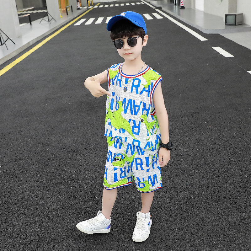 Boy's summer clothing vest suit 2022 new children summer sleeveless two sets baby handsome dinosaur summer