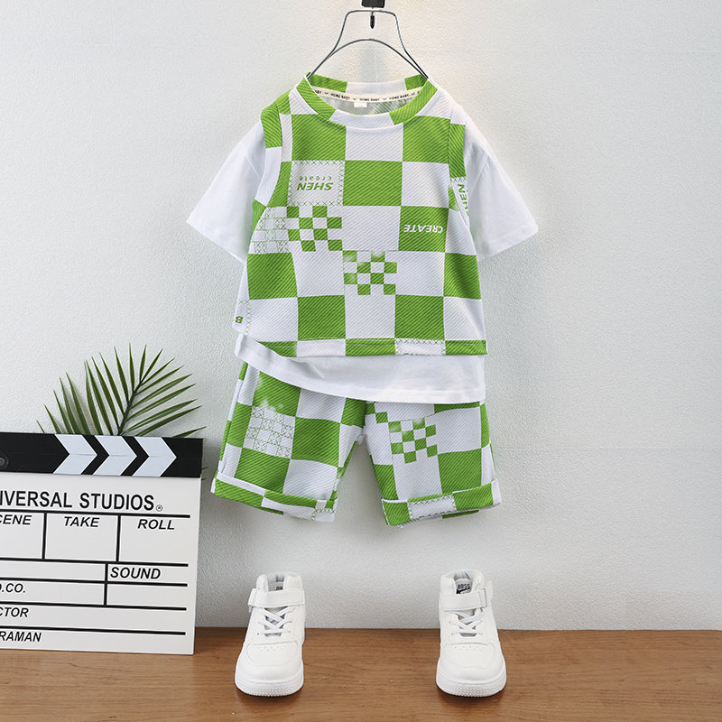 Boy Clothing Boy Suit Summer Clothing Short Sleeves Two Sets Middle Child Chessboard G Baby Summer Clothes Handsome TRENDY BABY