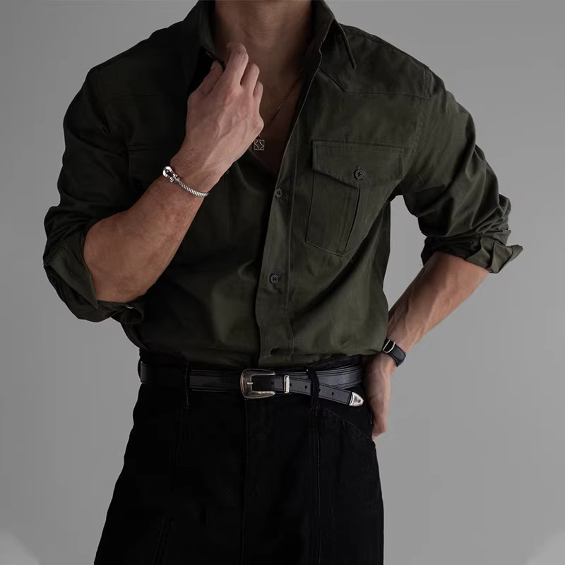 American Retro Tough Guy Workwear Shirt with Double Pocket Design, Men's Spring and Autumn High-End Military Green Loose Jacket