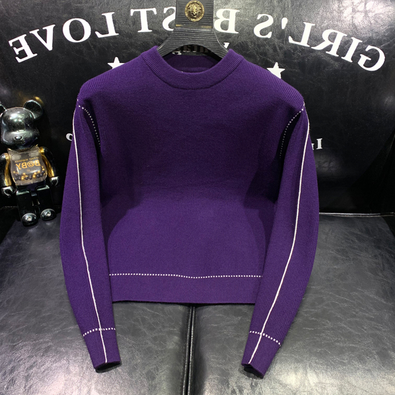 American Retro Casual Versatile Round-Neck Knit Sweater Long-Sleeve Men's Purple Top with Visible Stitching Design Niche Slim-Fit Sweater American Retro Casual Versatile Round-Neck Knit Sweater Long-Sleeve Men's Purple Top with Visible Stitching Design Niche Slim-Fit Sweater