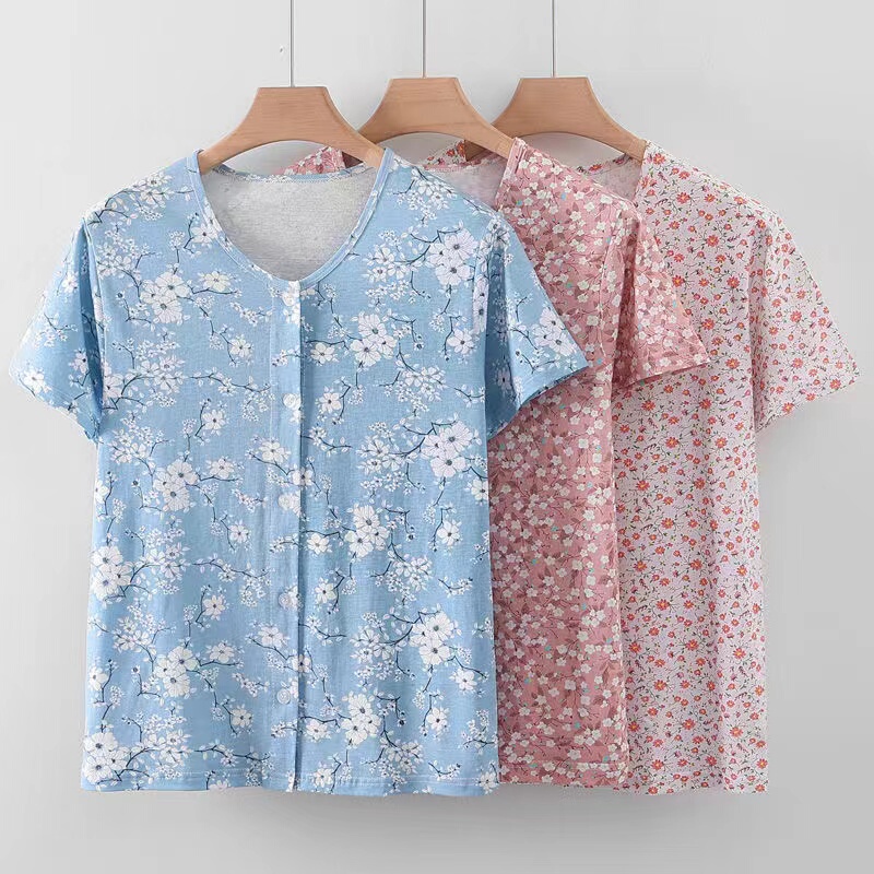 Middle-Aged and Elderly Women's Pure Cotton Cardigan Short-Sleeved Pajamas, Loose-Fitting Button-Down Loungewear, Mom's Half-Sleeved Air-Conditioning Undershirt
