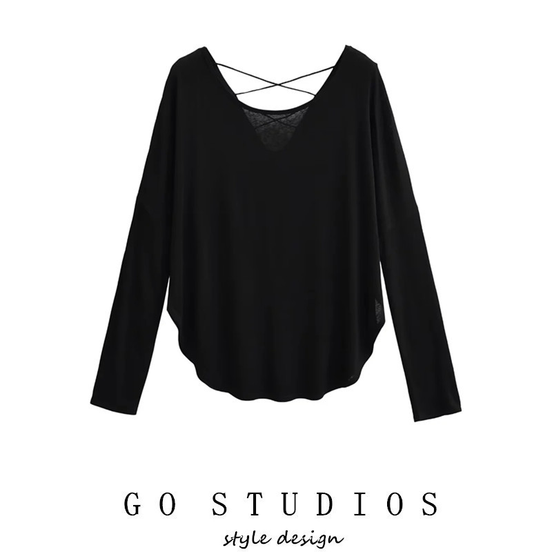 Jazz Dance Loose Slimming Blouse Long-Sleeve T-Shirt Lazy Style Back Hollow-Out Sun Protection Base Shirt Women's Inner Top