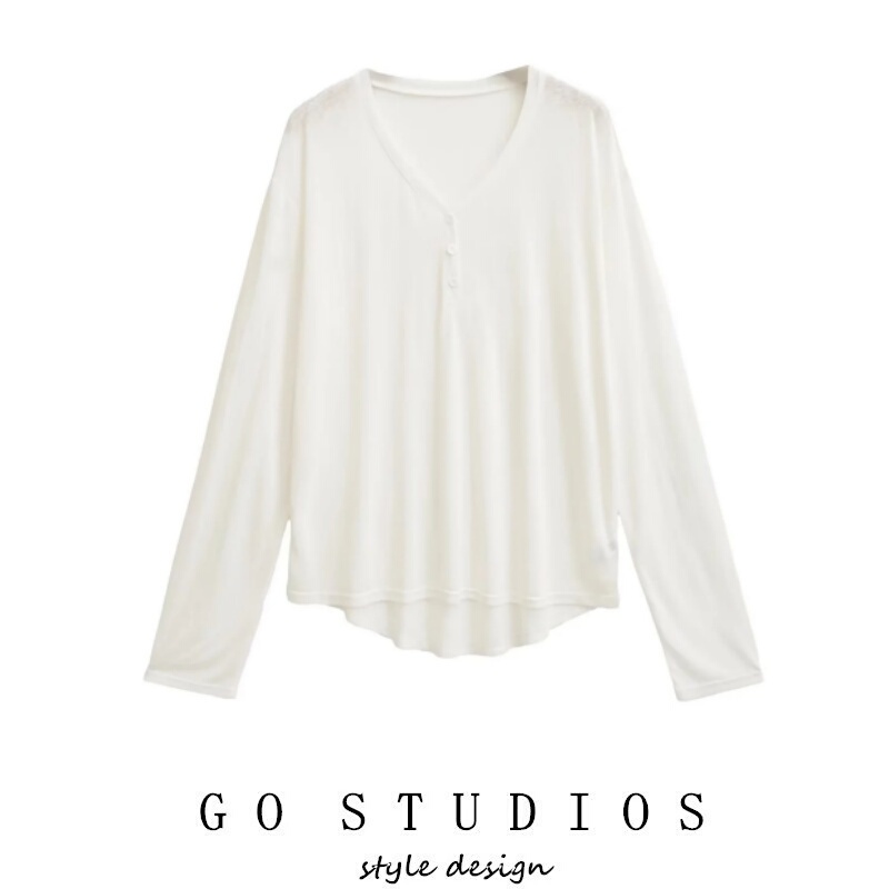 Jazz Dance American-Style Henry Collar Long-Sleeve T-Shirt for Women, Slightly Sheer Sun-Protective Cover-Up, White, Lazy Style, Loose Top for Spring and Summer