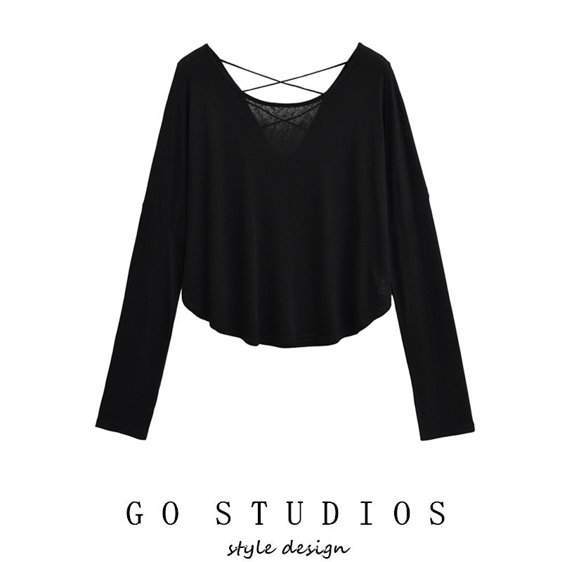 Jazz Dance Loose Slimming Blouse Long-Sleeved T-Shirt Lazy Style Back Hollow-Out Sun Protection Base Shirt Women's Short Top