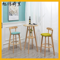 Solid wood high-footed home bar table and chair combination Nordic creative minimalist milk tea shop bar coffee double-layer small round table