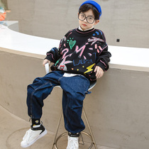 Boy long sleeve base shirt autumn and winter 2021 new foreign style big childrens coat boy sweater plus velvet thickening tide