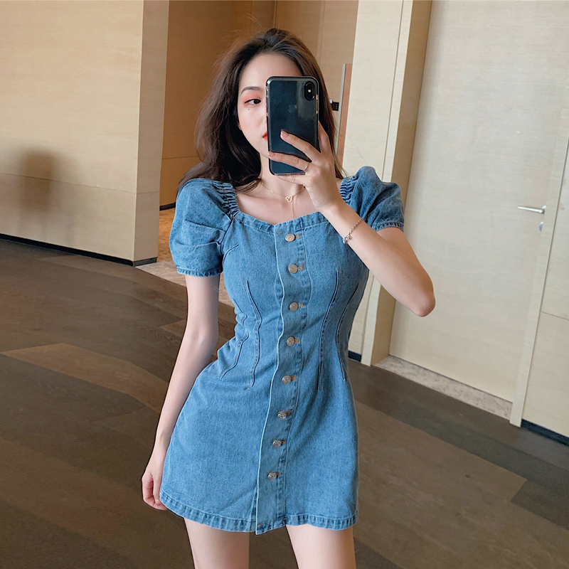 Hàn Quốc phiên bản của phía khí đơn hàng nút denim váy bong bóng mùa hè sleevewaist ngắn chương mỏng A-từ ngắn váy cô gái