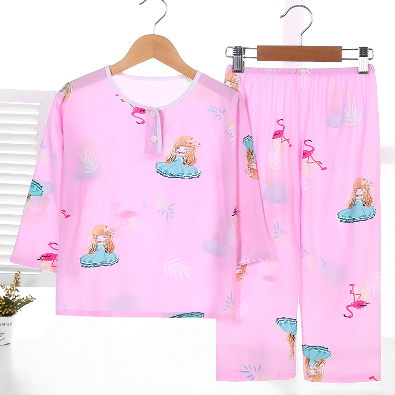 Mùa xuân và mùa hè childrens lụa pajama set trai bông chàng trai lụa và cô gái trẻ lớn Hàn Quốc phiên bản quần áo mỏng dài tay máy lạnh.