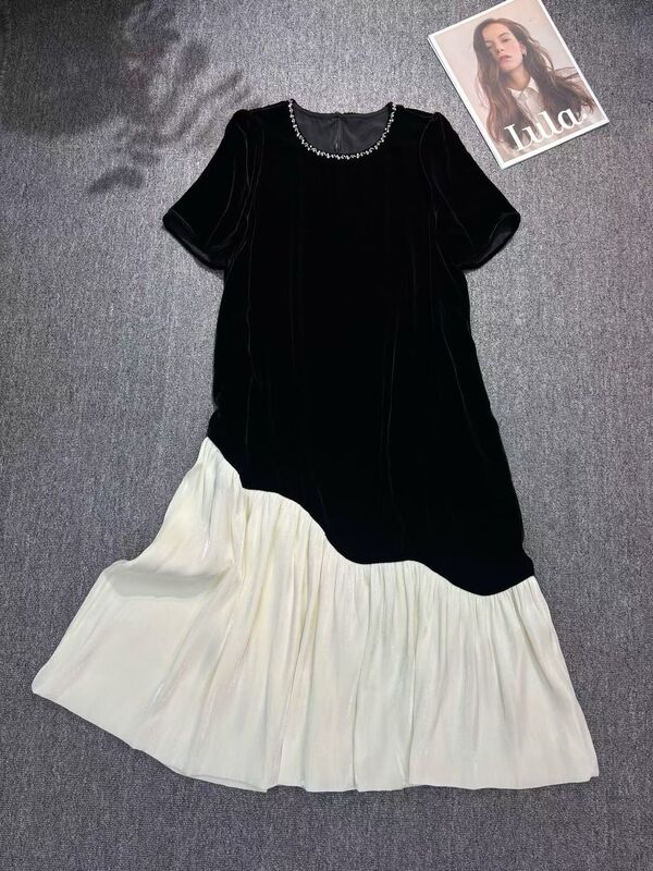 Nanyou High-End 2026 Summer New Women's Clothing Patchwork Irregular Hem Black Velvet Long Round Neck Dress
