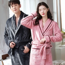  Couple nightgown womens autumn and winter flannel pajamas mens extended thick coral velvet simple warm mid-length bathrobe