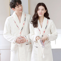  Nightgown womens autumn and winter flannel pajamas home clothes Coral velvet thickened plus size mens yukata medium and long couple bathrobes