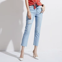 Mùa hè 2019 mới giản dị quần nữ quần chic màu xanh nhạt cotton chín quần quần jeans nữ - Quần jean quần jean ống đứng nữ đẹp