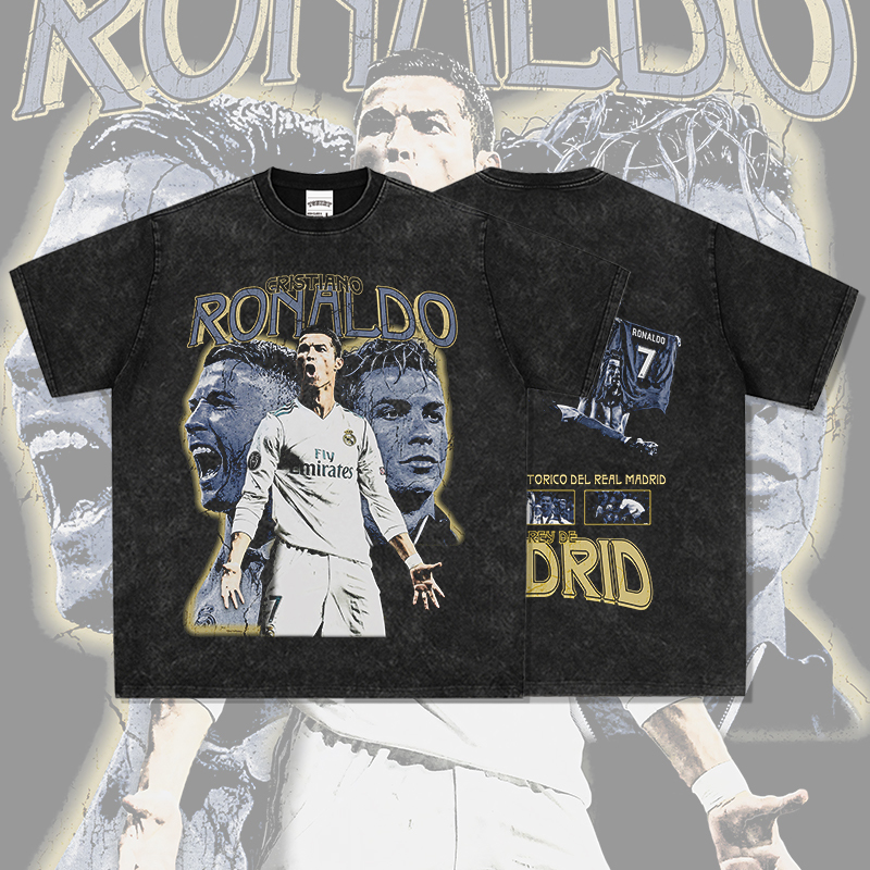 Football Retro Cristiano Ronaldo Printed Short-Sleeved T-Shirt Washed Heavy Cotton Round Neck Hooded Sweatshirt