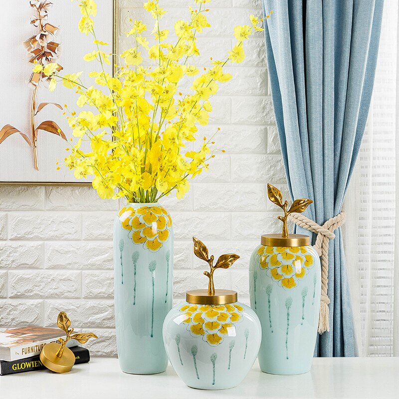 New Chinese-style Jingdezhen ceramic vase ornaments full copper cover hotel new house decoration porch living room countertop vase