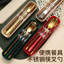 Portable tableware wooden chopsticks and spoon set 304 stainless steel single chopsticks and spoon two-piece set storage box custom logo