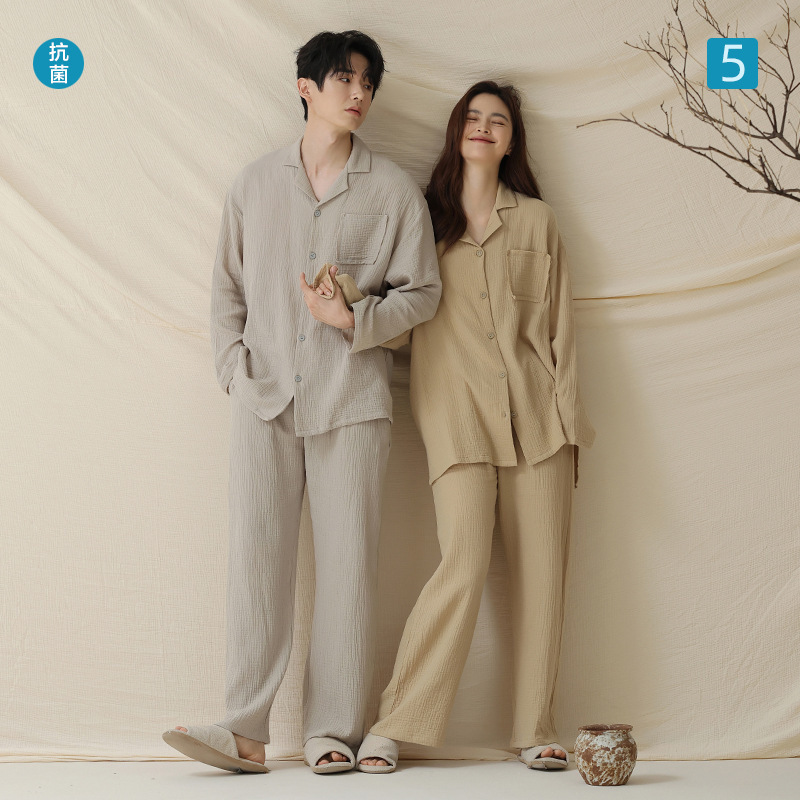 Coral Season Double-Layer Gauze Pure Cotton Couple Pajamas Women's Autum Long-Sleeved Cotton Men's Home Wear Set