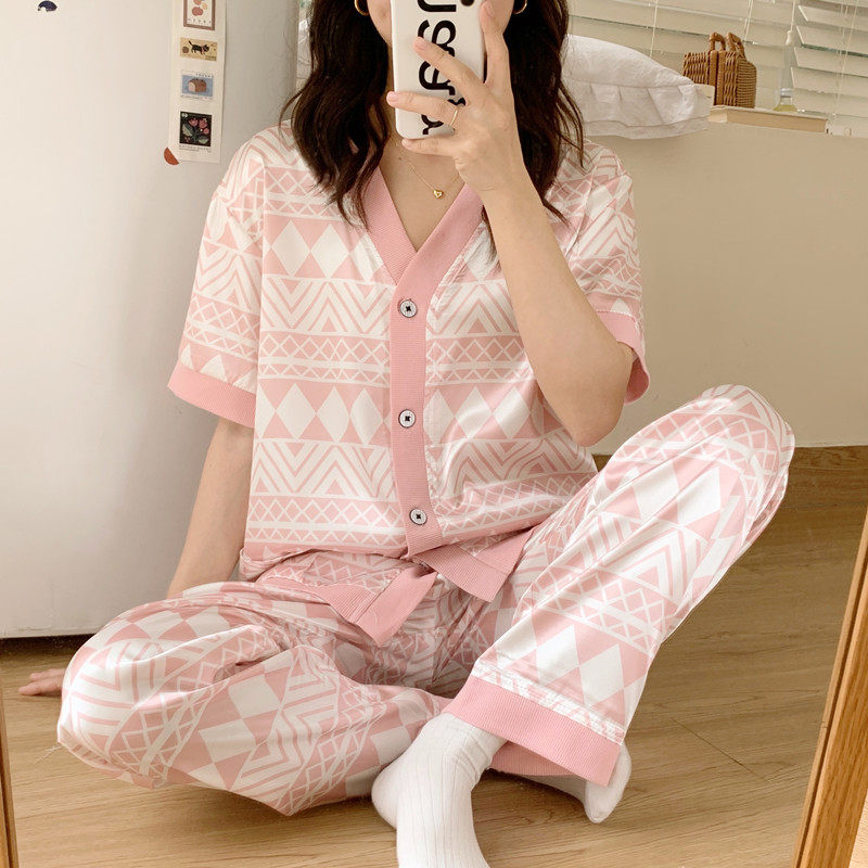 Ice Silk Sleepwear Women's Summer Short Sleeve Long Pants Plus Fattening Up Overweight MM200 Catty Silk Sweetness Silk Sweet Home Clothing