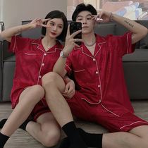 Ice-silk lovers sleepwear summer short sleeves men and women red wedding Gats up for overweight 200 catty of home suit autumn
