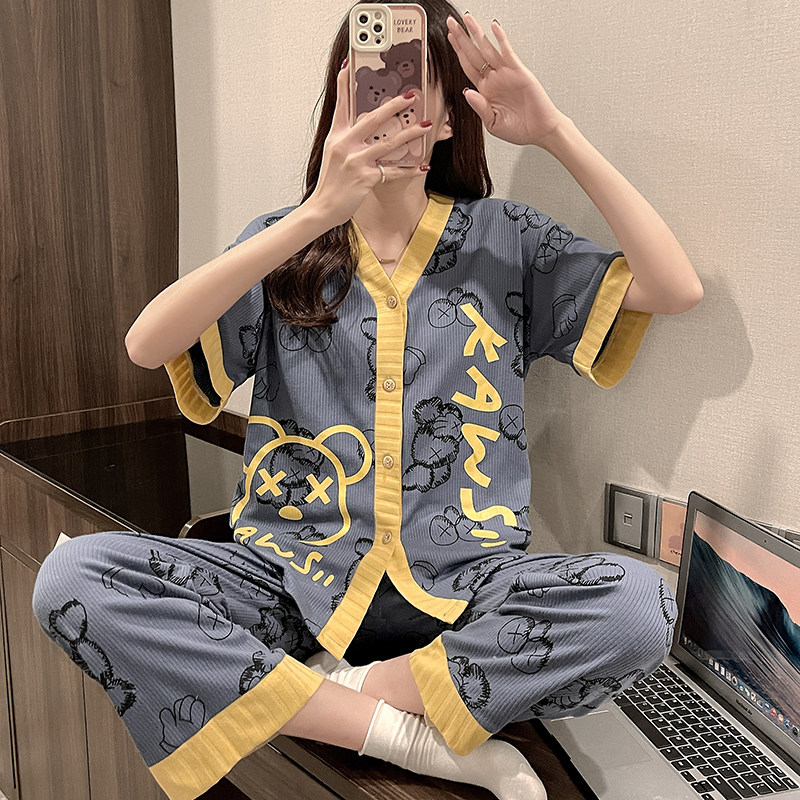 Summer pajamas women's cotton short-sleeved trousers cartoon plus fertilizer plus size fat MM200 catties sweet home clothes suit