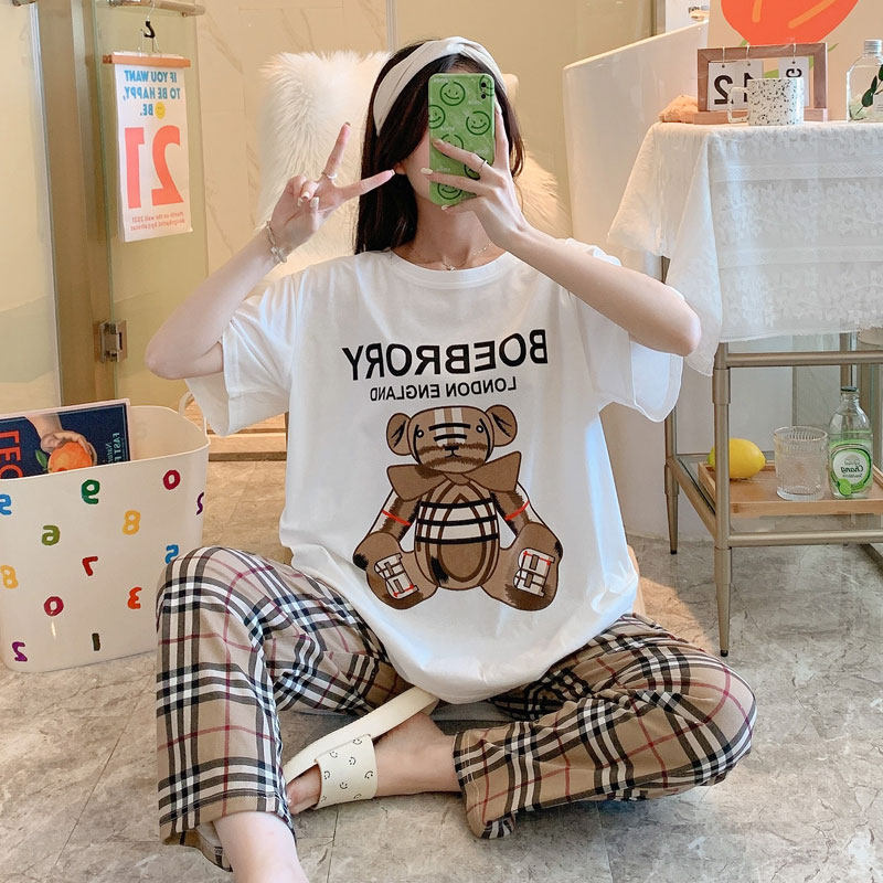 Pajamas women's summer cotton short-sleeved trousers Korean version plus fertilizer plus size fat MM200 catties cartoon home clothes suit
