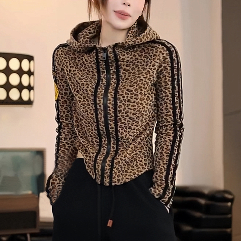 Leopard Print Hooded Sweatshirt for Women 2025 Spring New Style Color-Blocking Design High-End Elegant Jacket Slim Fit Versatile Top